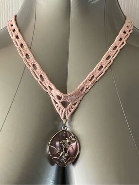Pink Crocheted Necklace Oval Dragonfly Charm Pendant, Magnetic Closure, 20 in.
